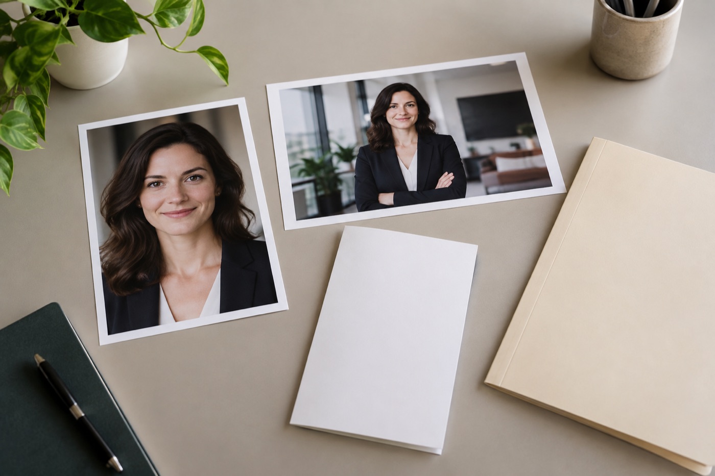 Tight and wide prints of a speaker portrait next to a blank event-program card