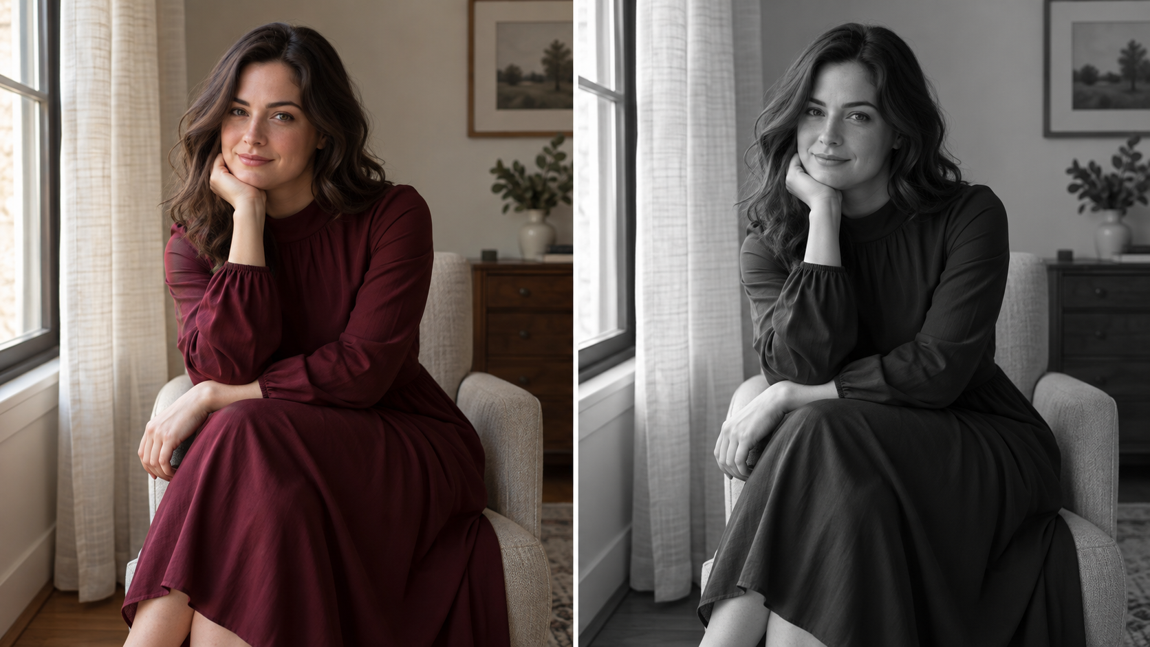 Matched color and black-and-white portraits of an adult woman seated by a window in a long dress