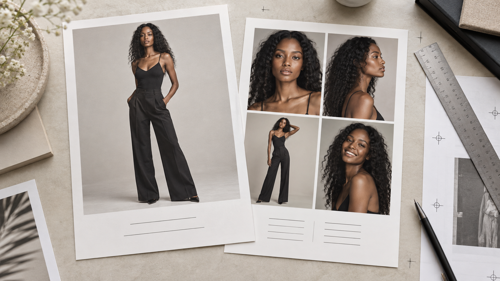 A tabletop scene shows the front and back of a model comp card with one lead image and a four-image range.