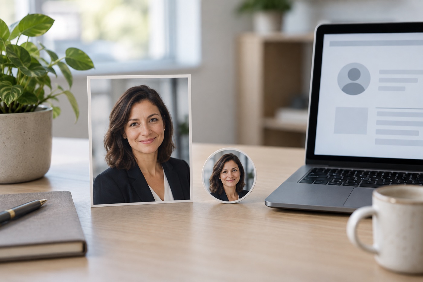 Executive portrait shown as a print and a small circular profile crop beside a laptop