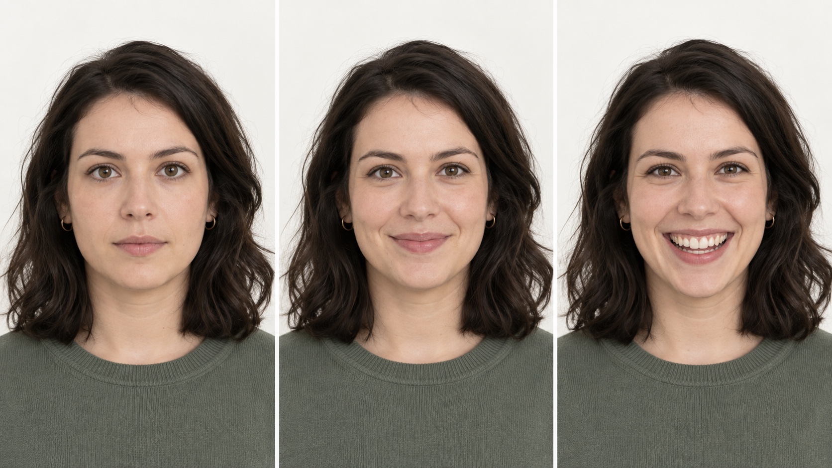 Three portraits compare a neutral expression, a gentle closed-mouth smile, and an exaggerated open-mouth smile.