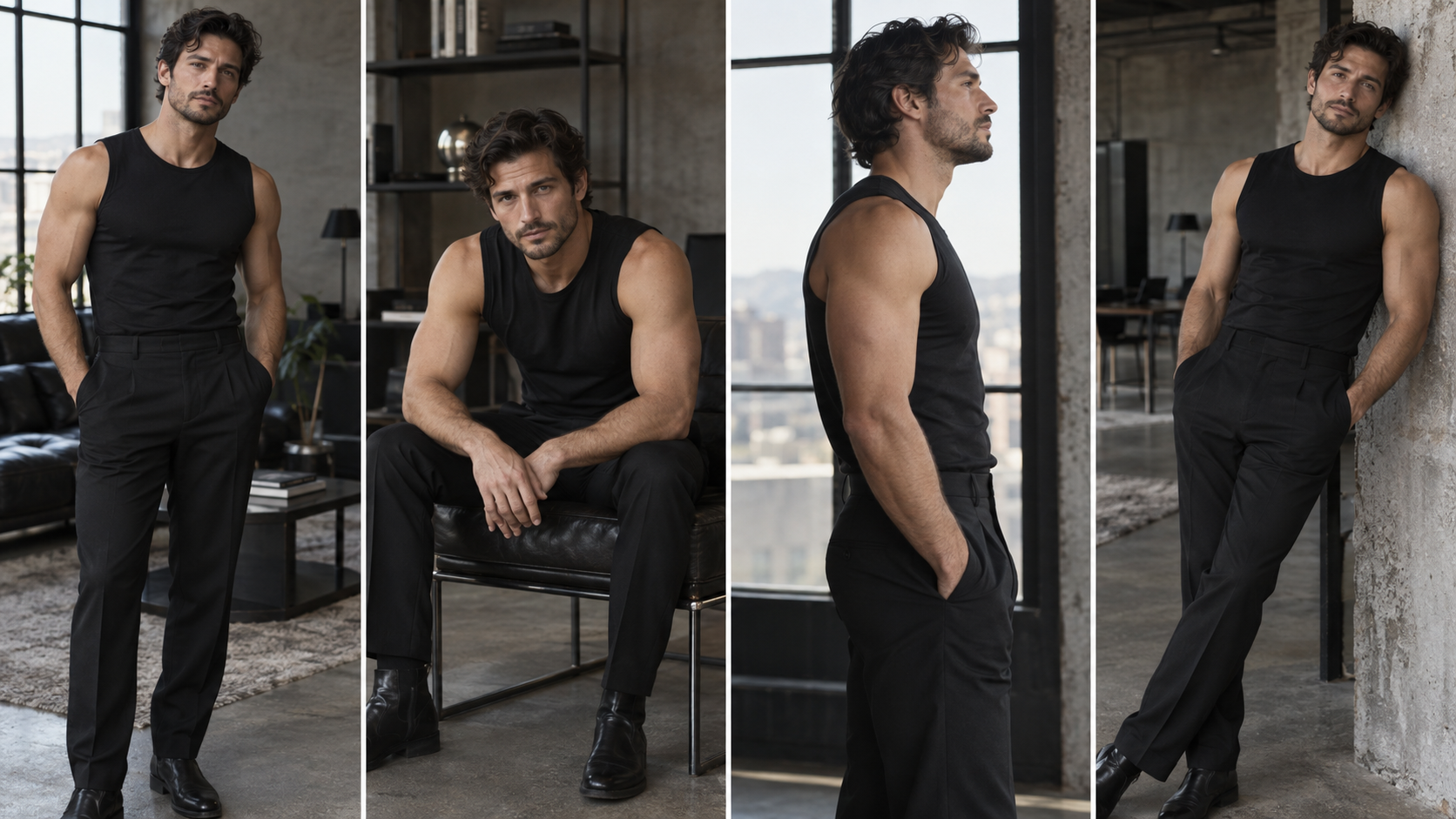 Four matched frames show an adult man practicing standing, seated, side-profile and wall-lean poses in a fitted sleeveless top.