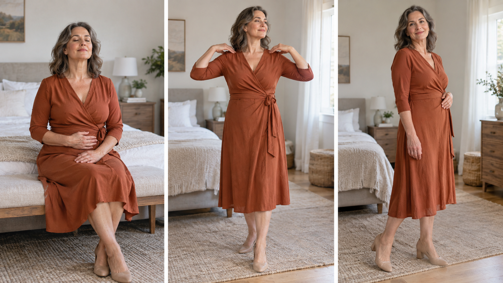 Three-step portrait warm-up with a woman over 50 breathing, rolling her shoulders and settling into a relaxed stance