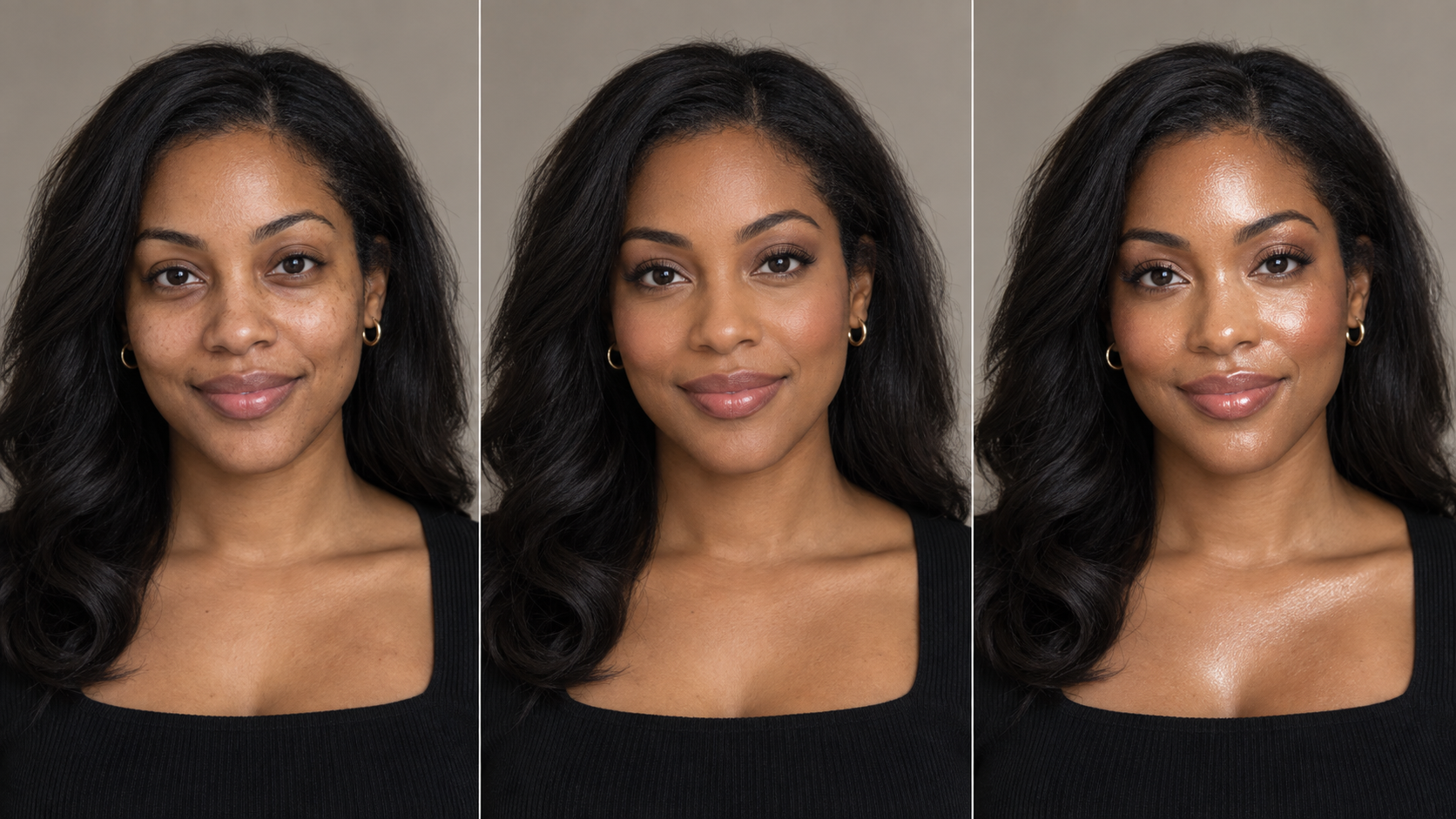 Three matched headshots compare natural skin, subtle camera-ready makeup, and a more reflective finish.