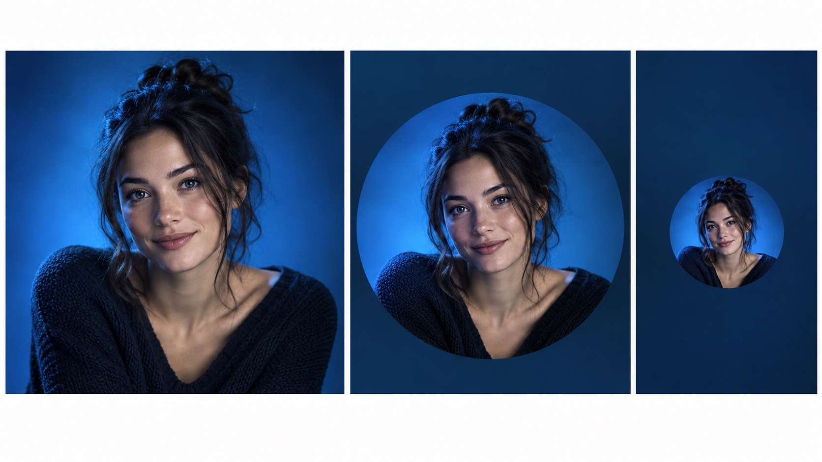 The same cobalt-lit portrait appears as a square source, a centered circular avatar, and a small thumbnail.