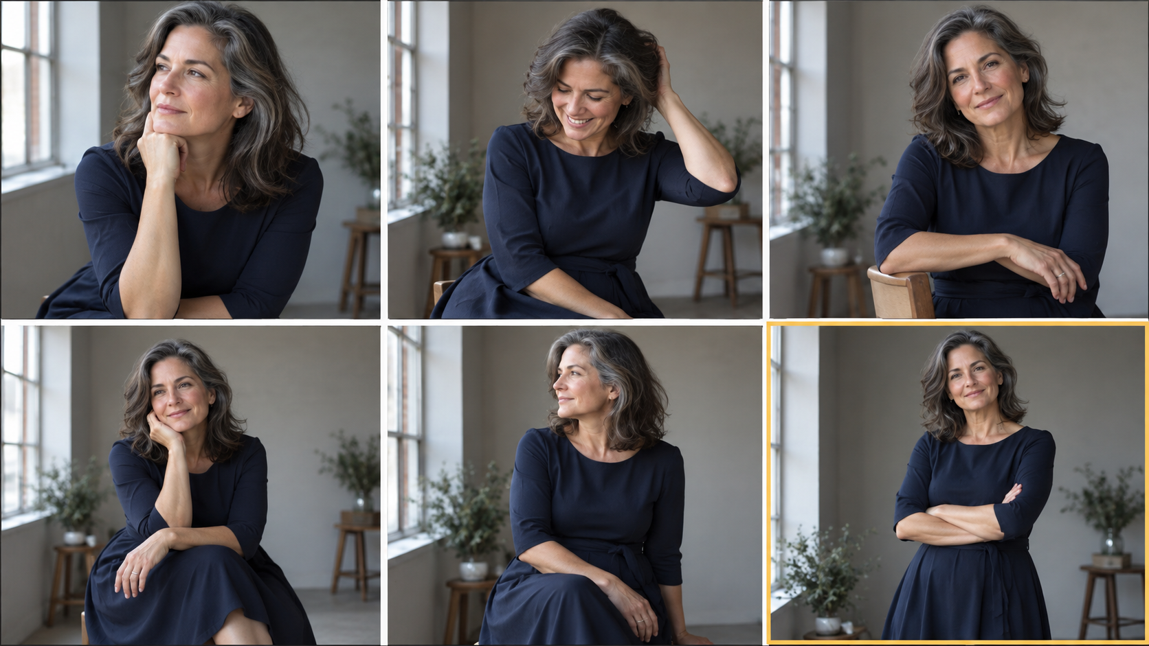 Six portrait expressions from thoughtful to amused and confident with one frame selected in gold