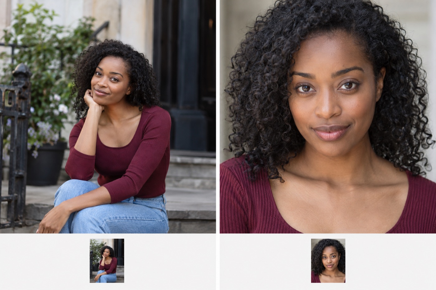 Two casting-profile portrait choices shown at full size and as tiny thumbnails