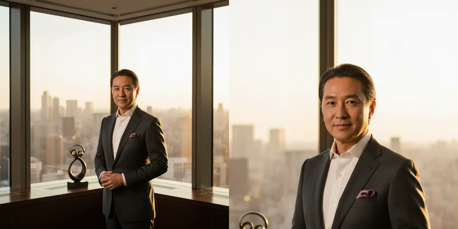 Side-by-side view of the same illustrative office portrait, with the full square frame on the left and a tighter head-and-shoulders crop on the right.