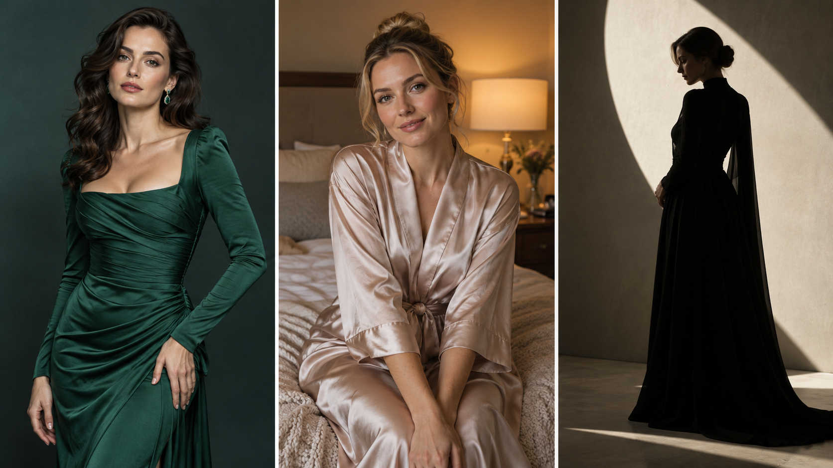 Three adult portraits compare polished glamour styling, a warm intimate robe portrait and a conceptual gown silhouette.