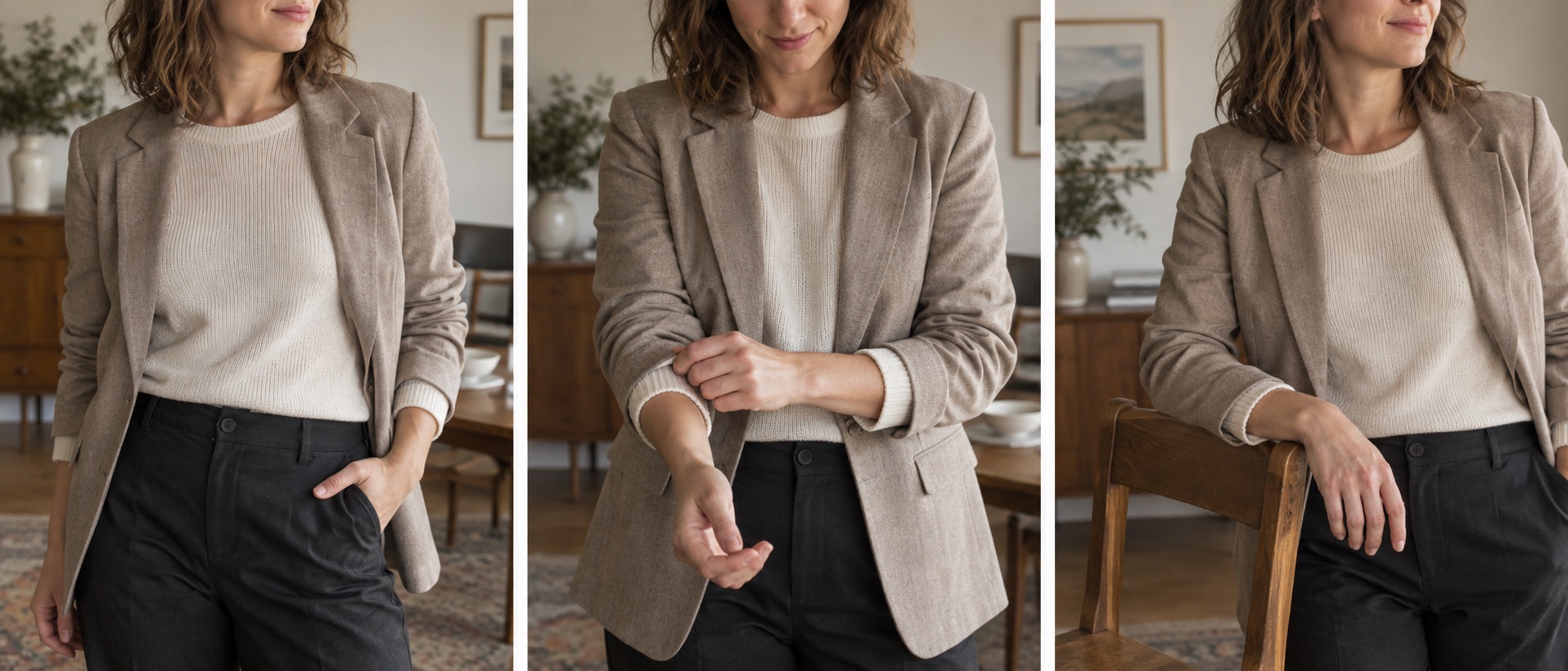 Three illustrative close views of a hand in a pocket, adjusting a cuff, and resting lightly on a chair.