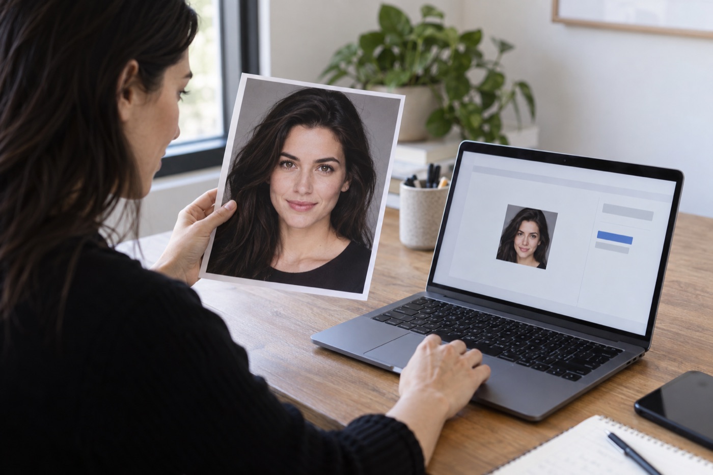 Actor comparing a printed headshot with its small online upload preview