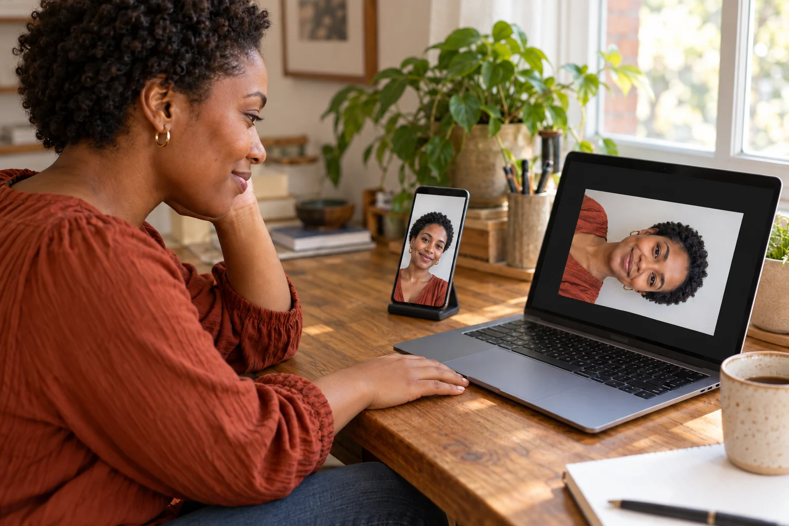A woman compares an upright portrait on a phone stand with a sideways portrait on her laptop.