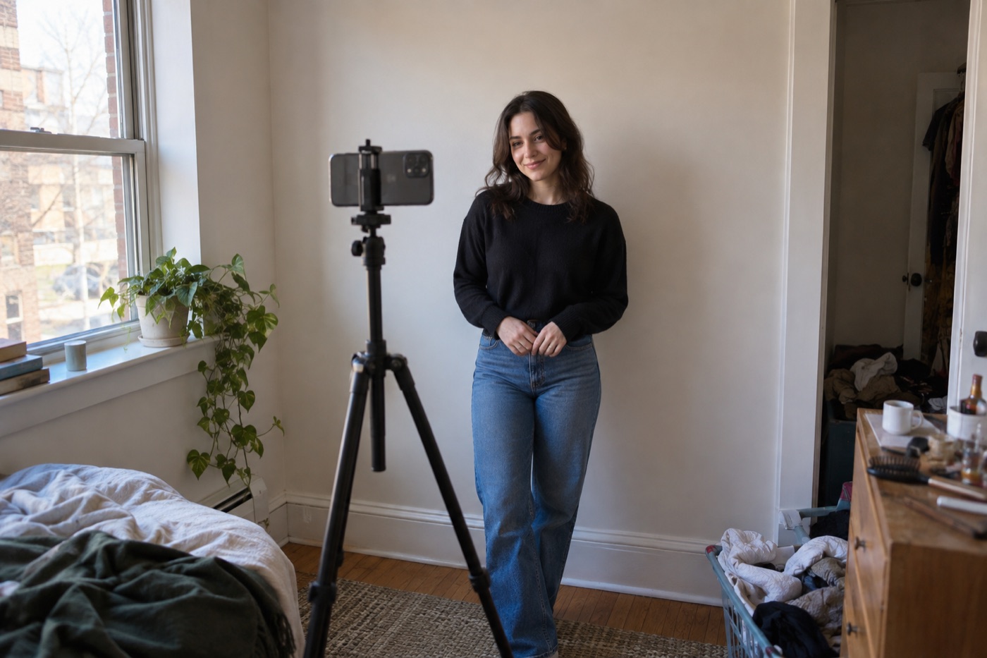 Phone on a tripod framing a person against the clean section of a small room