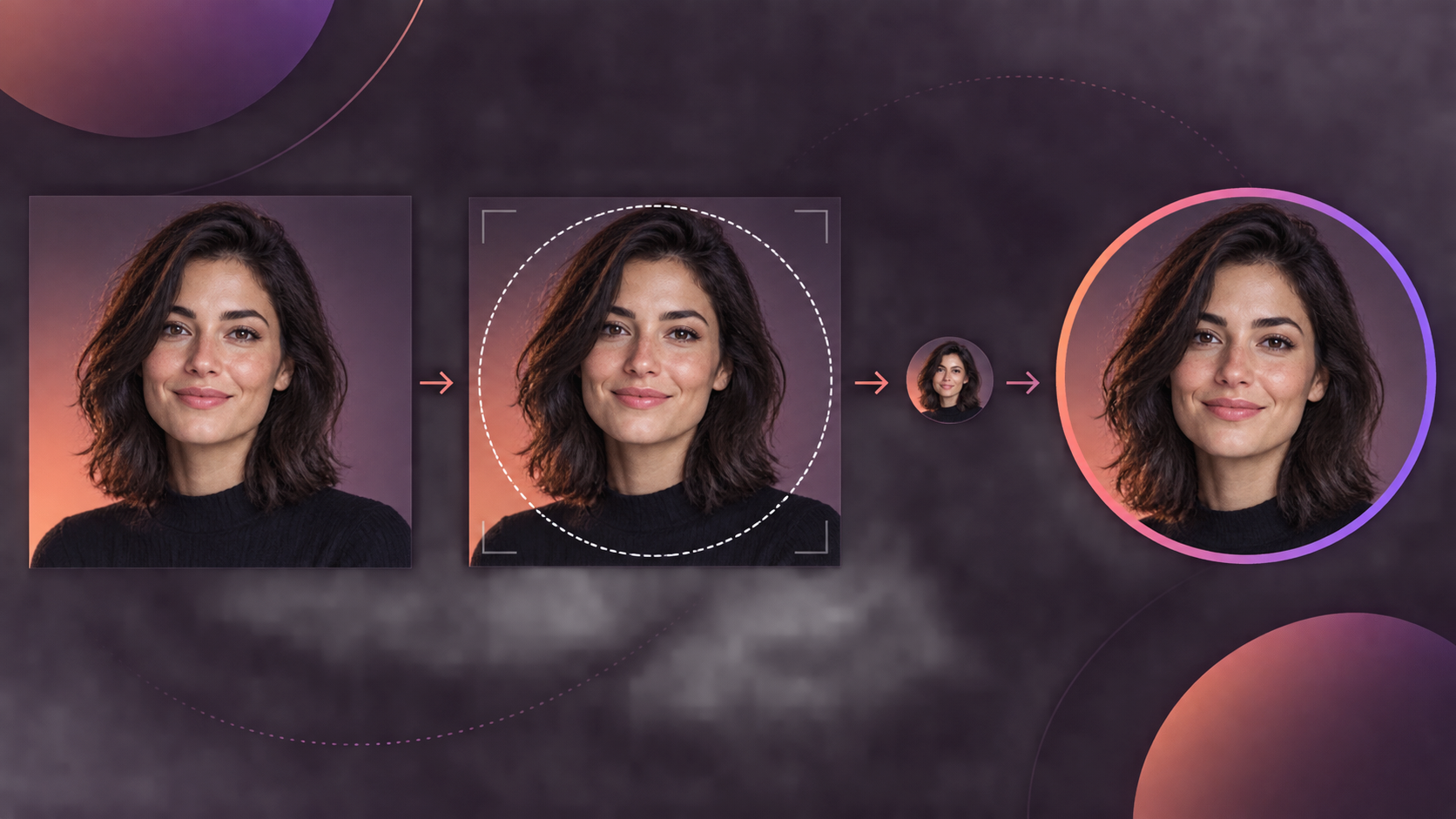 A square portrait moves through a circular safe-area check, tiny-avatar preview and clear final profile image.