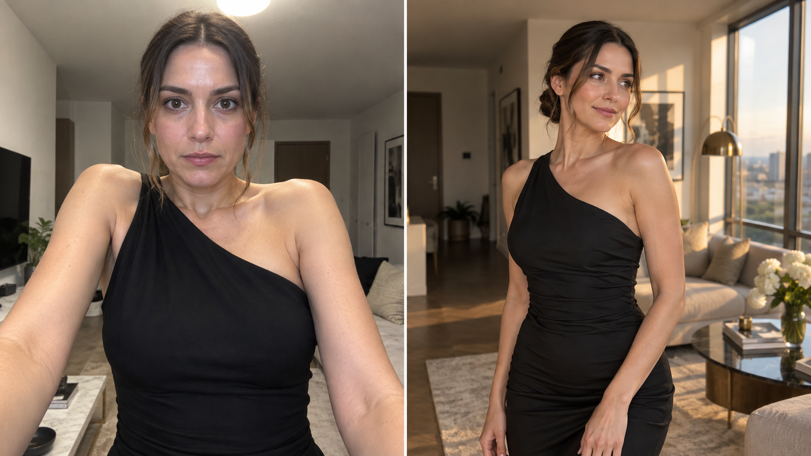 Matched frames compare a stiff close selfie with a relaxed three-quarter pose in soft side light.