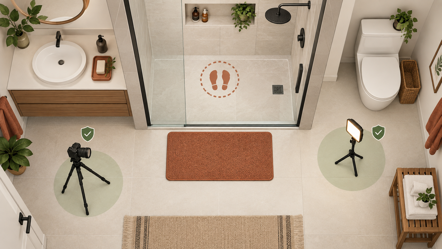 Top-down bathroom setup with camera and light on dry floor, nonslip mat and subject marker inside the shower