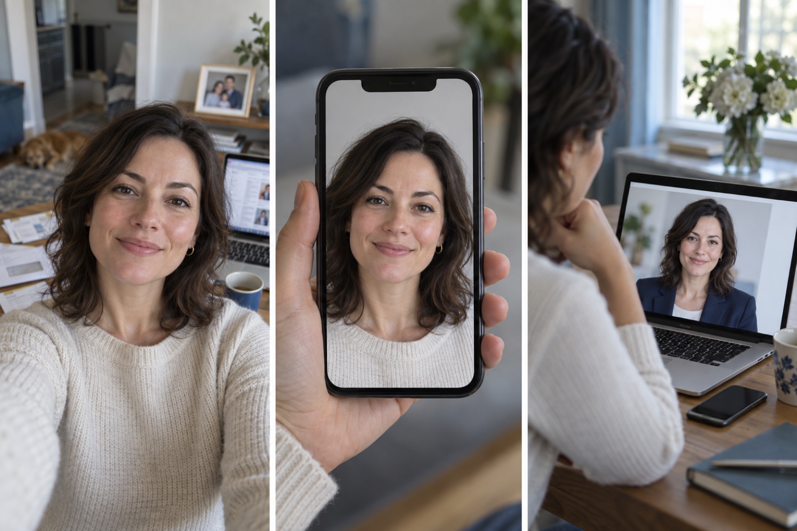 Illustrative sequence showing a home selfie, a tighter source crop, and a person reviewing a portrait before posting.
