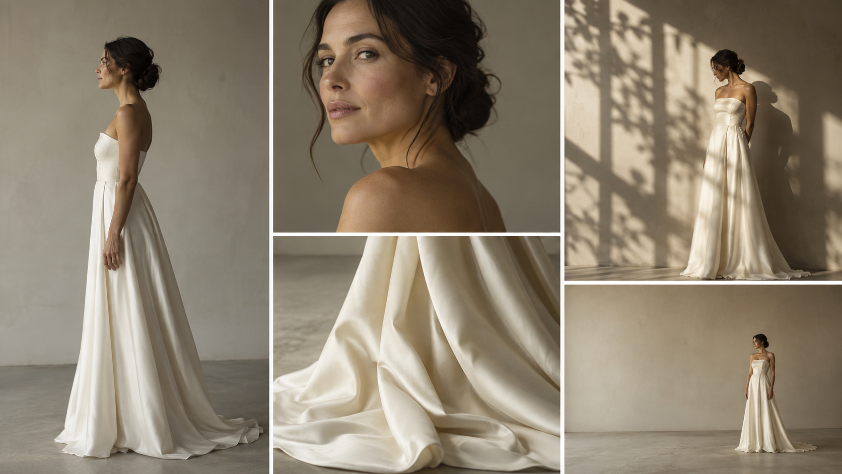 Five frames demonstrate silhouette, shoulder crop, fabric folds, patterned shadow and negative space with an adult subject in an ivory gown.