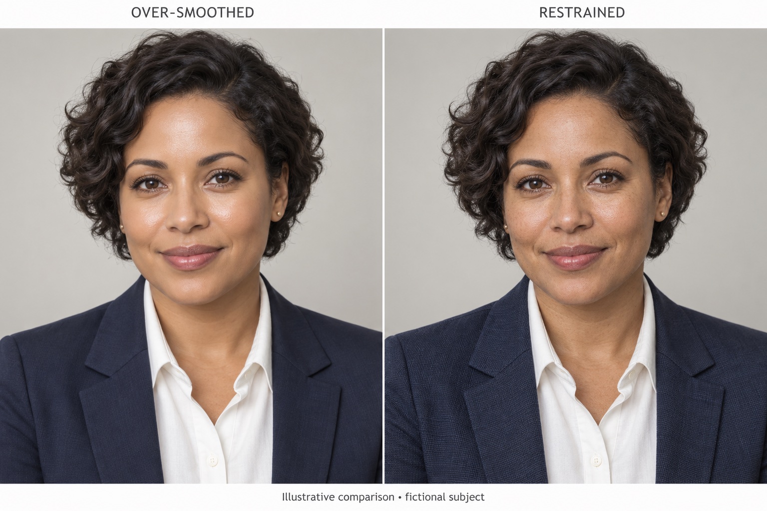 Matched portraits of a fictional woman compare an over-smoothed finish with restrained skin and fabric detail.