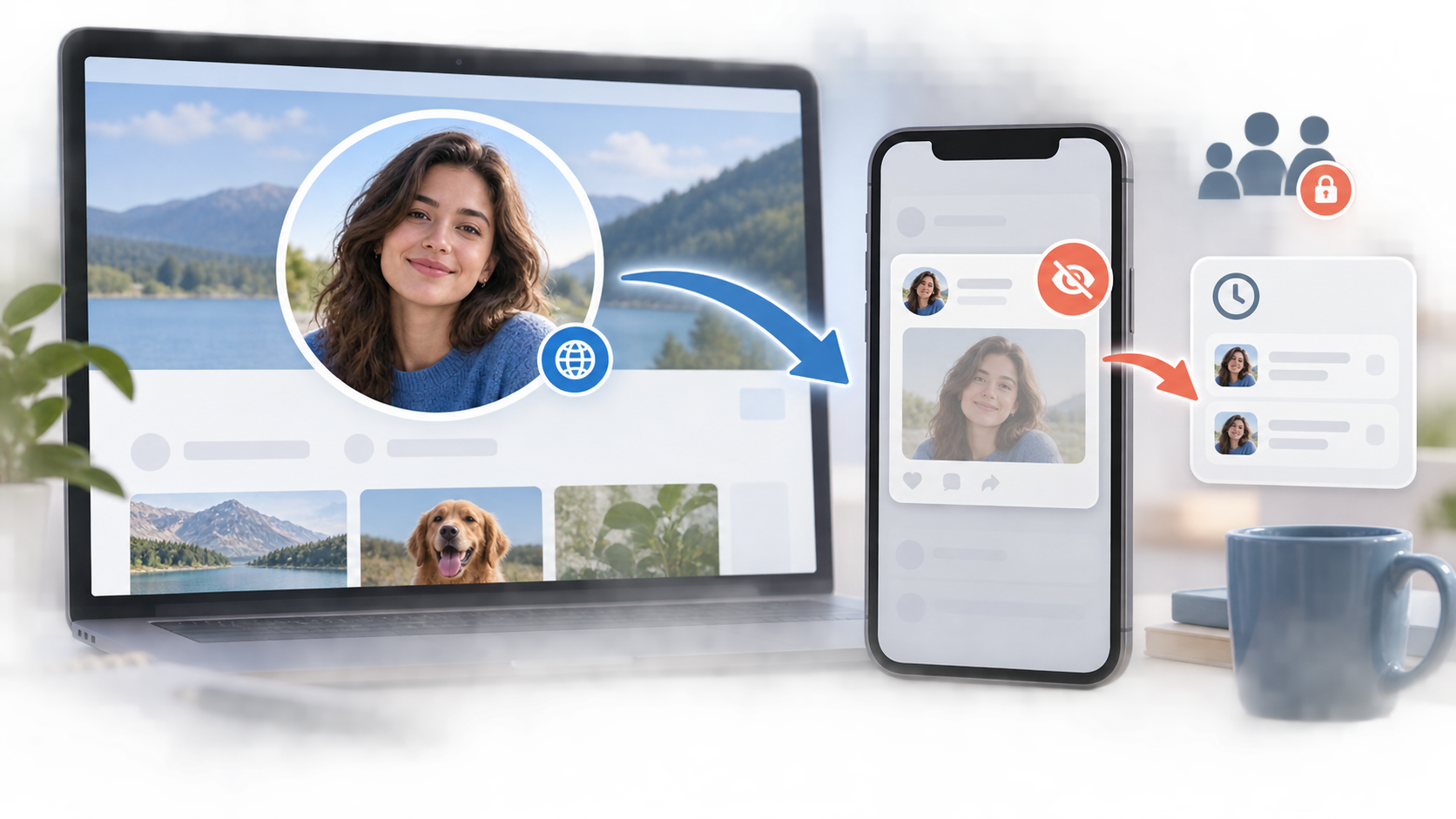 A privacy-layer diagram separating a public Facebook profile picture from its optional Feed announcement
