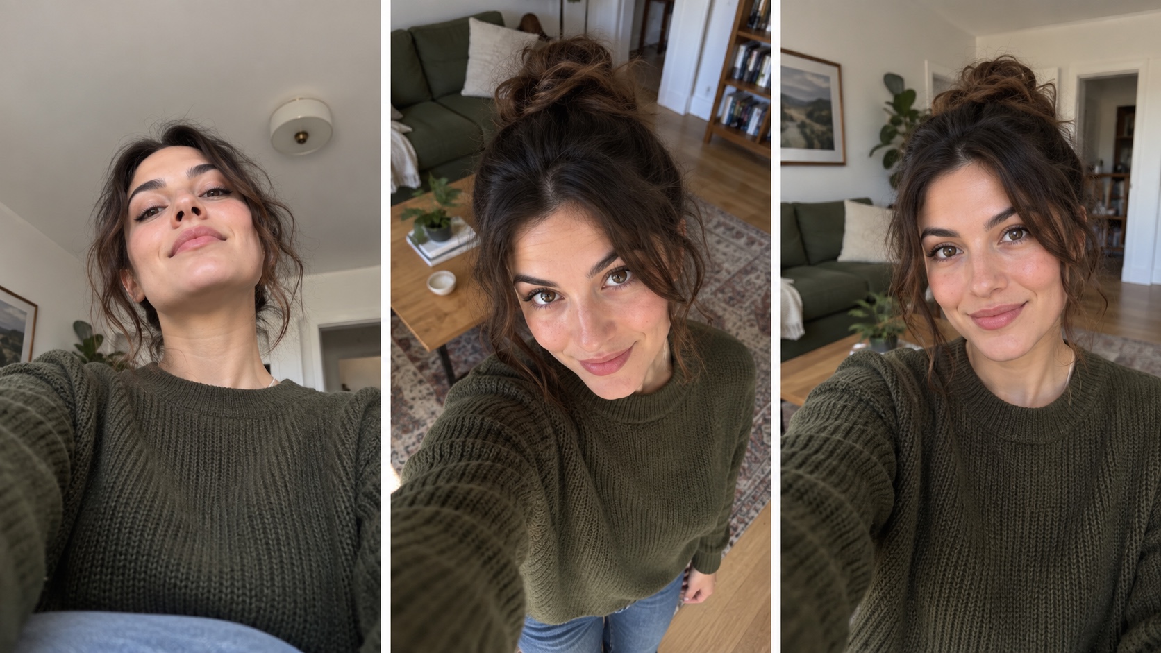 Three selfies compare a camera held too low, too high, and at balanced eye level.