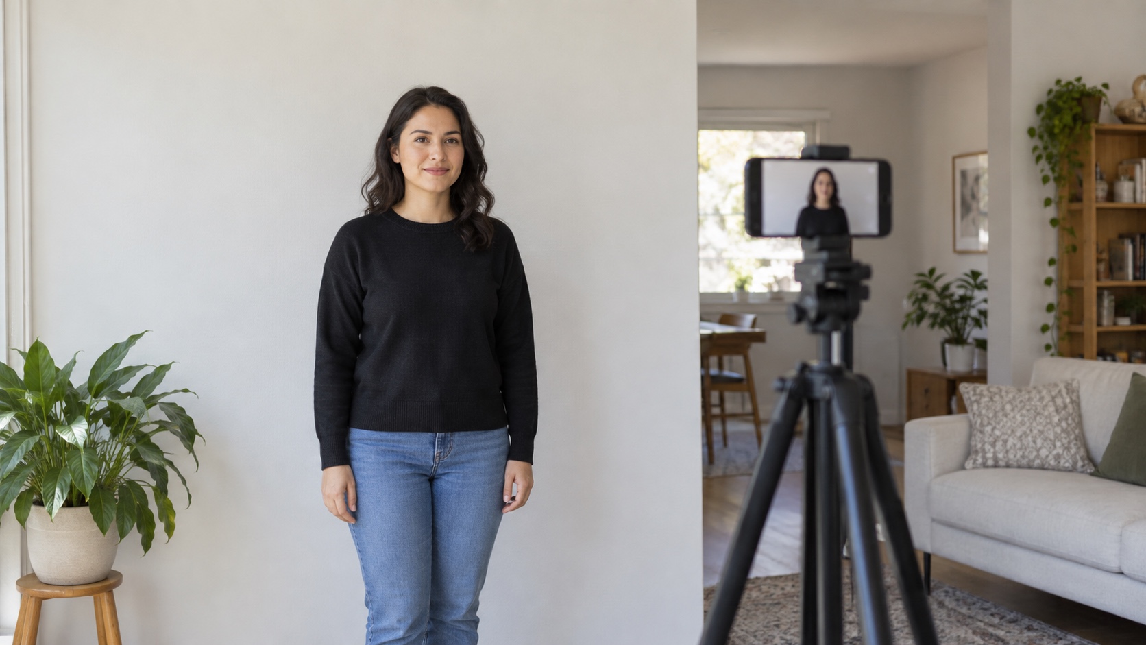 A person stands against a plain light wall while a smartphone on a tripod is positioned at eye level in soft window light.