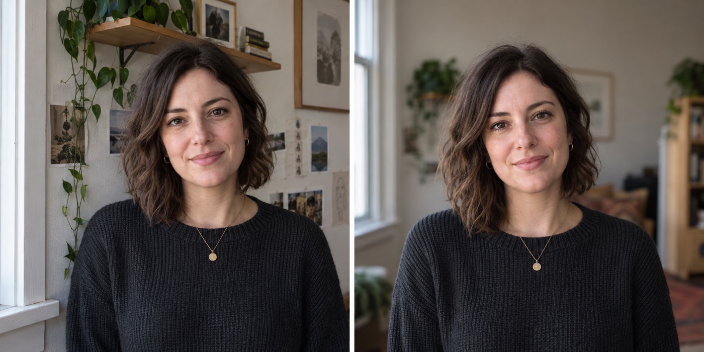 Two portraits of the same woman, with a busier wall in one frame and a calmer background in the other