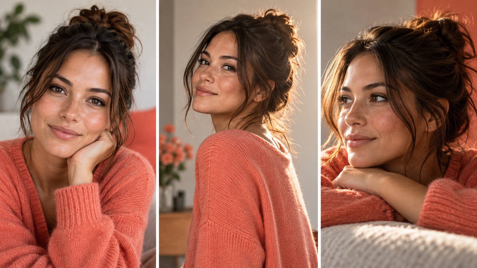 Three portraits of the same person repeat a coral accent through clothing, background details, and warm rim light.