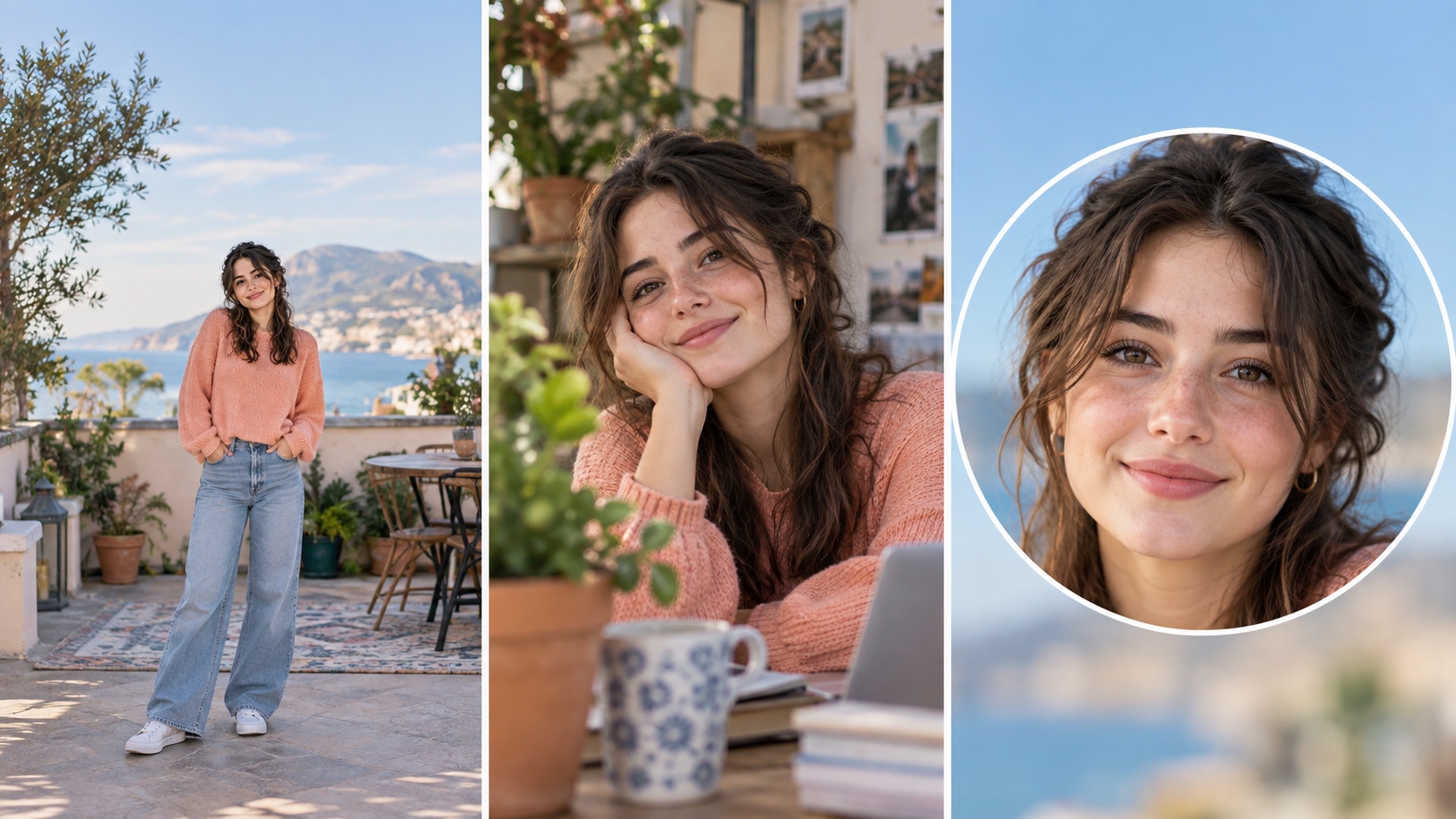 Three crops of the same portrait compare a distant frame, a cluttered frame, and a clear close circular avatar.