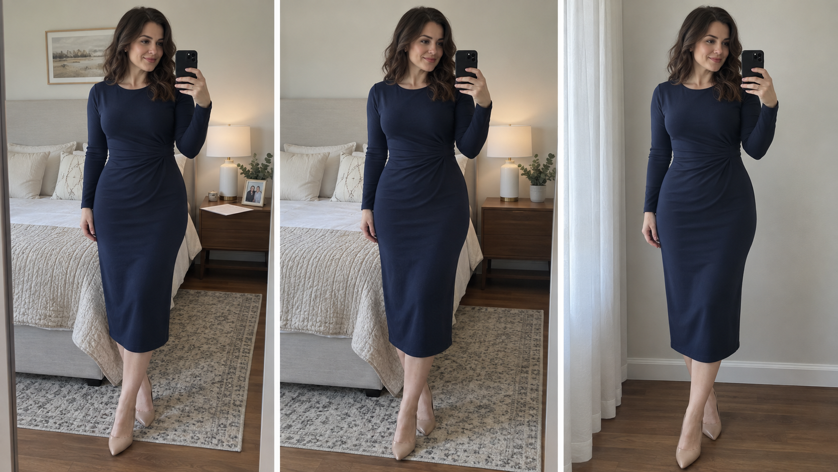 Three bedroom selfie crops remove a bedside document and family photo while keeping the subject prominent
