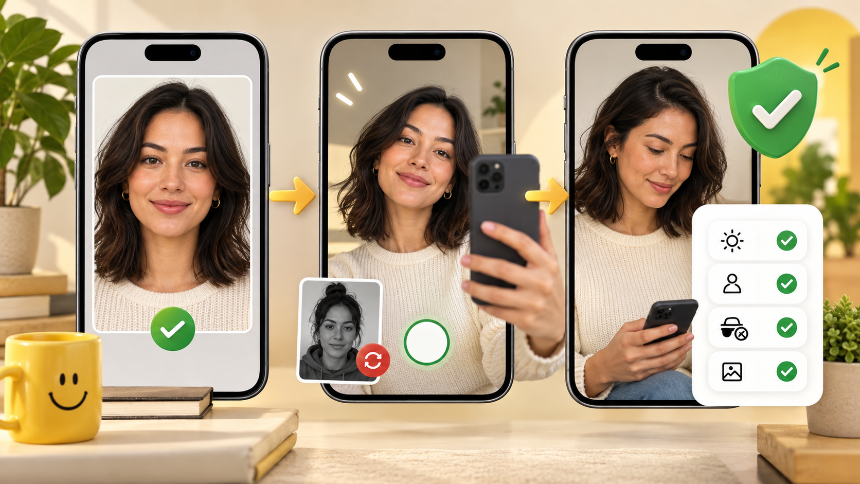A three-stage Bumble photo verification preparation showing profile check, clear live selfie and support escalation