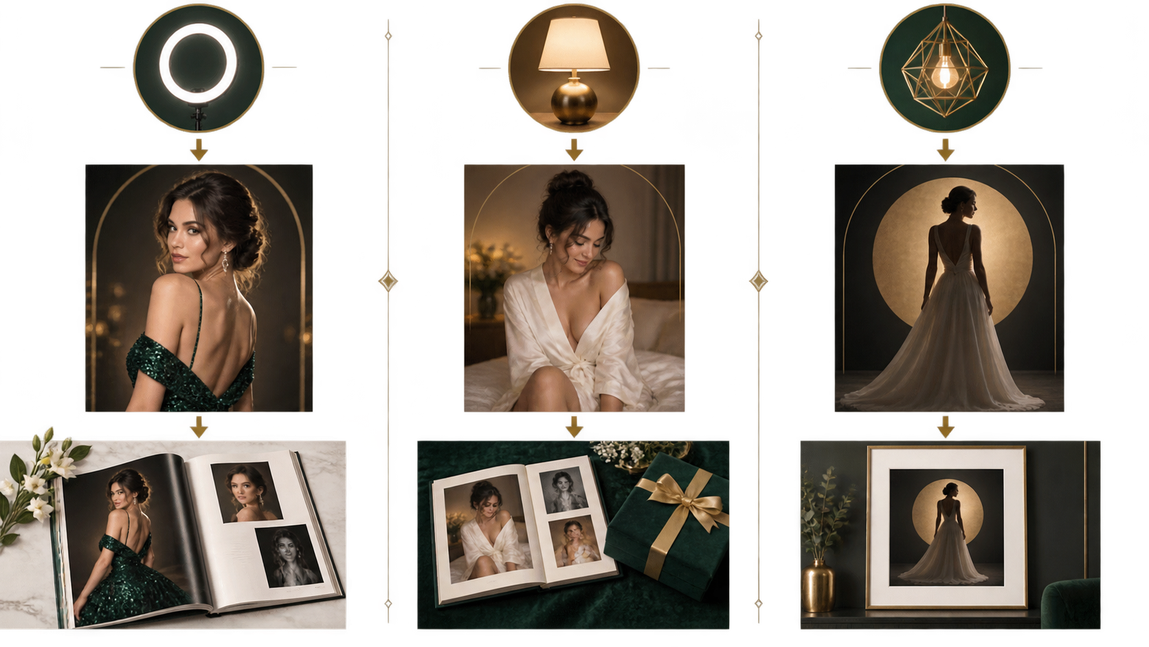 Three visual pathways connect polished, intimate and conceptual portrait styles to magazine, private album and gallery-print outcomes.