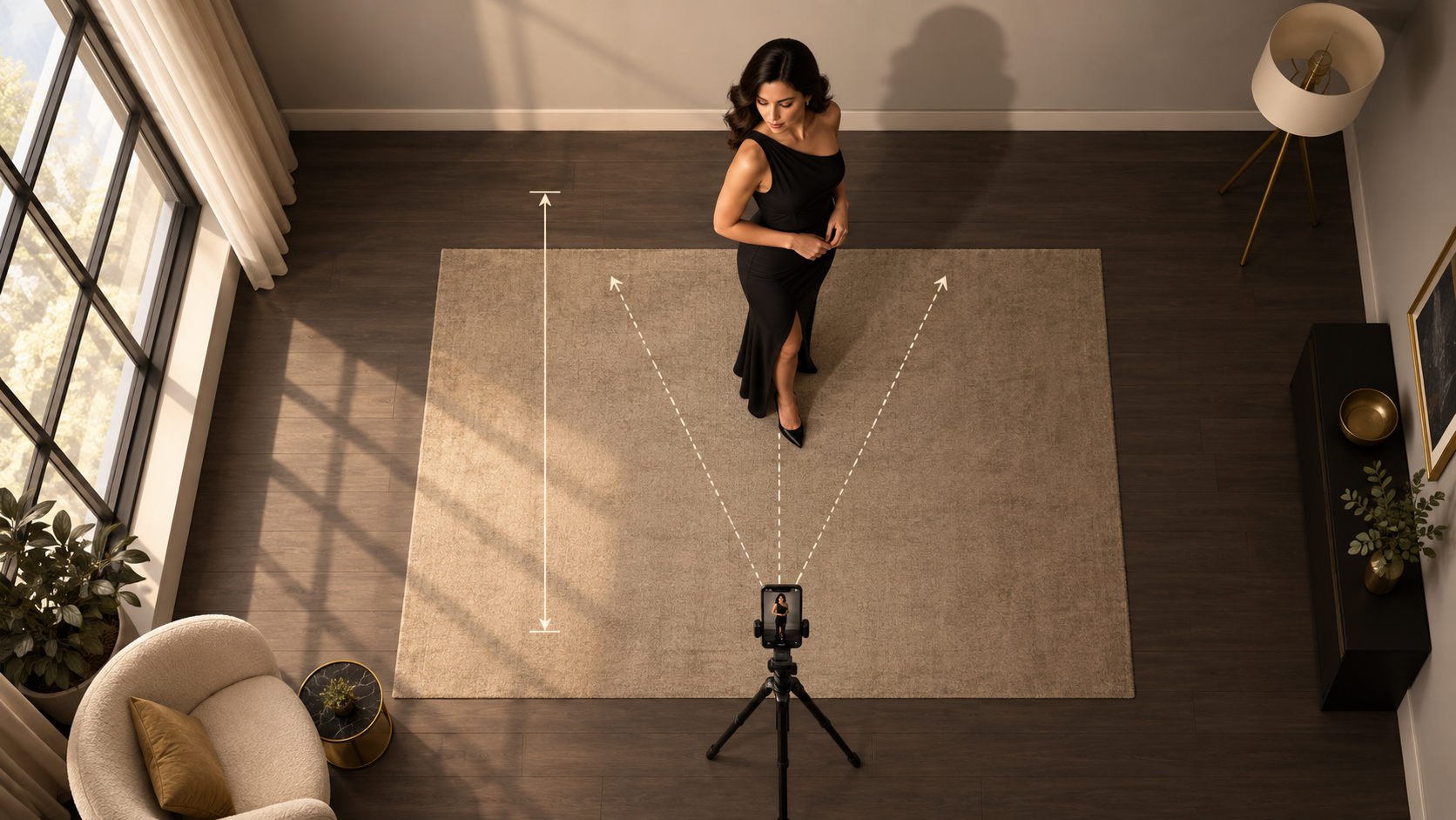 Top-down diagram shows a window, an adult subject turned toward the light and a phone on a tripod two meters away.