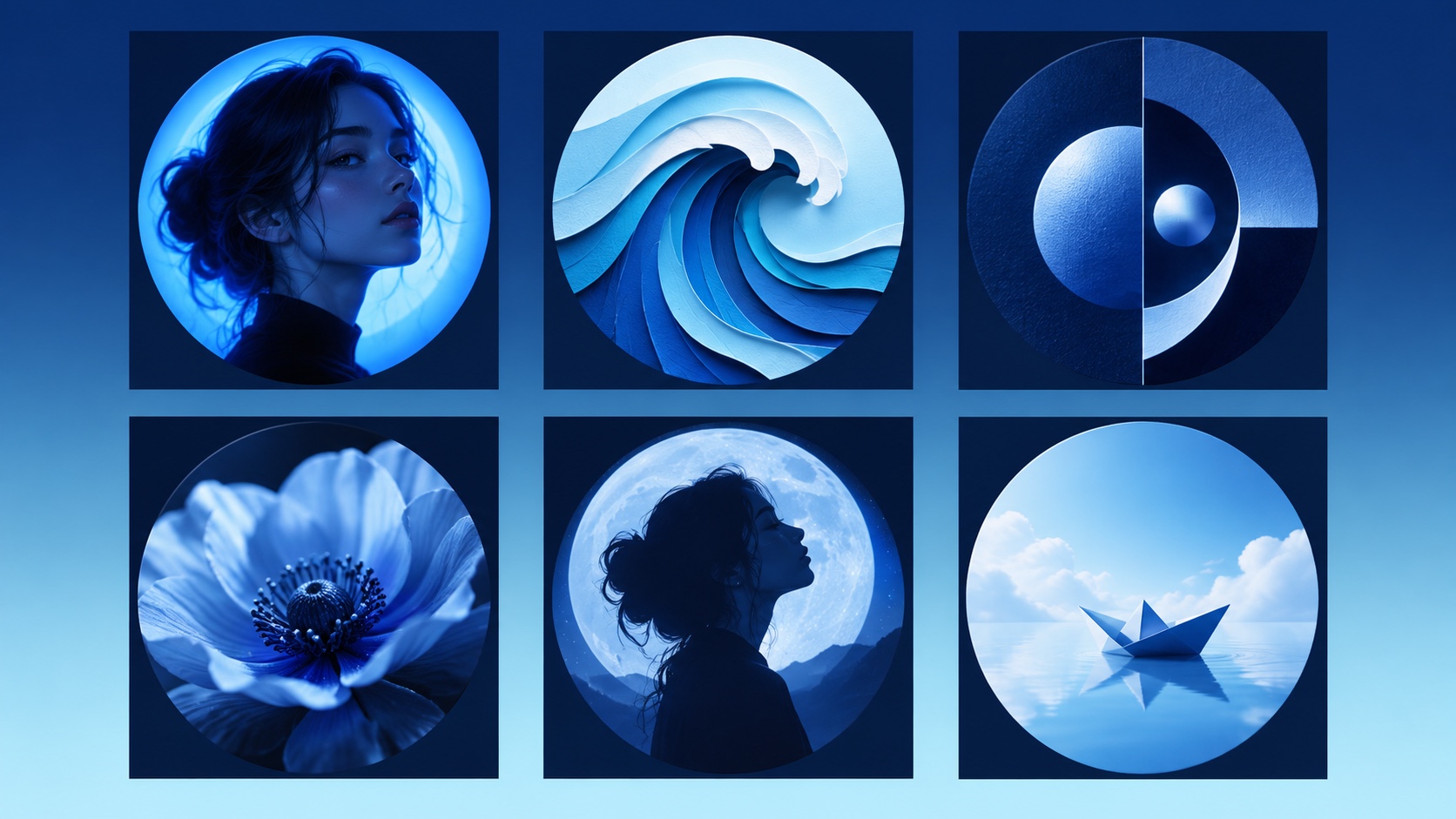 Six blue profile-picture directions combine a lit portrait, paper wave, geometric abstract, flower, moonlit silhouette, and paper boat.