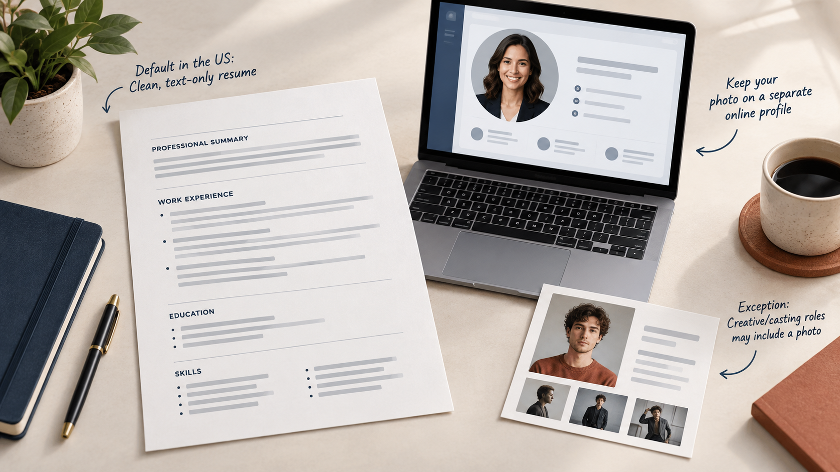 A text-only resume sits beside a separate professional profile and a smaller creative-casting exception card.
