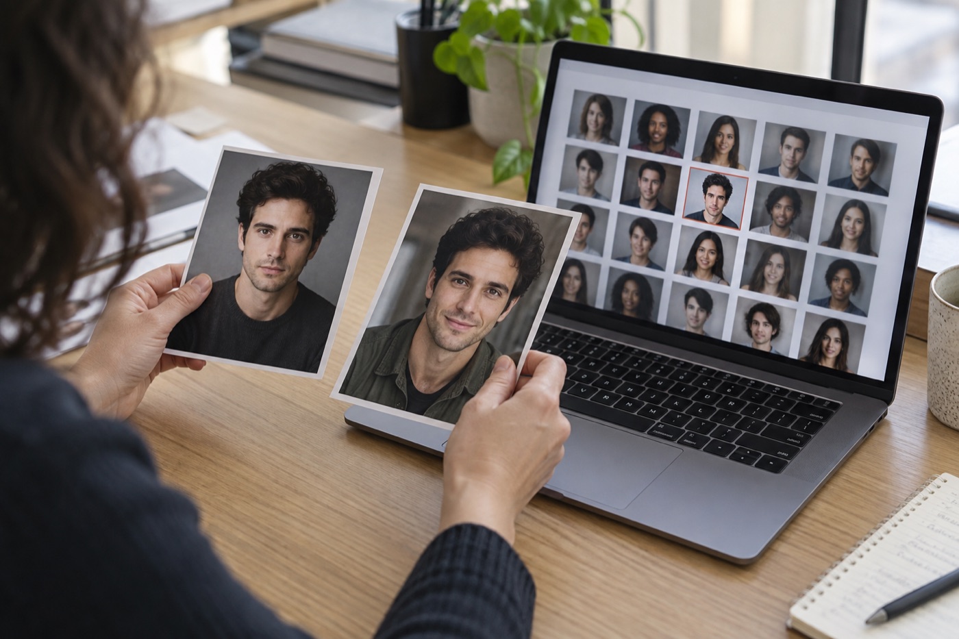 Person comparing actor headshot prints with small portraits in a casting-style grid