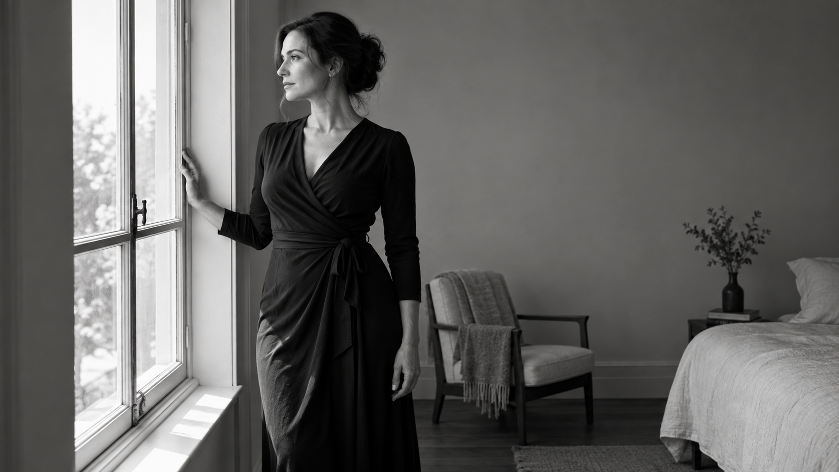Adult woman in a long black wrap dress stands in profile beside a bright window in a monochrome portrait