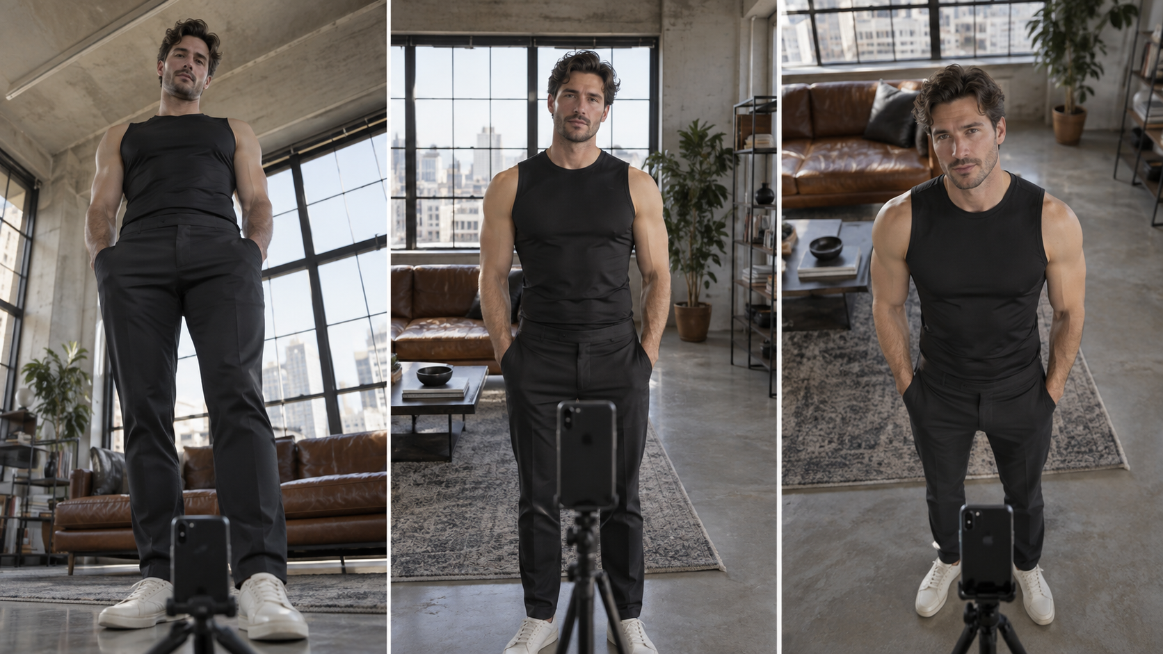 Three matched frames compare low, chest-height and slightly raised phone positions for an adult man's portrait.