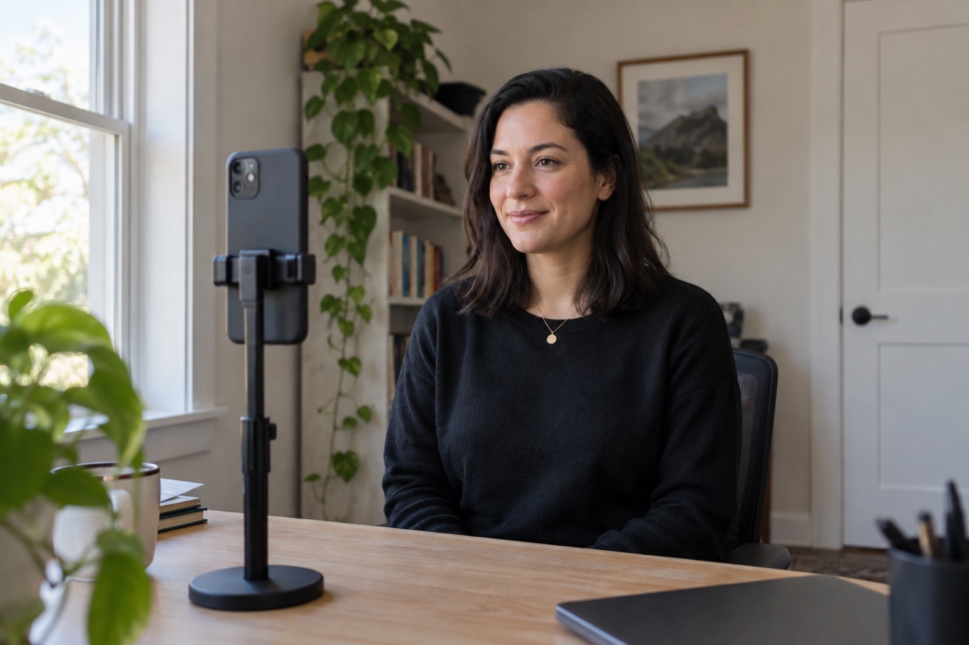 Remote worker sitting near a window while a phone on a stand frames a source portrait