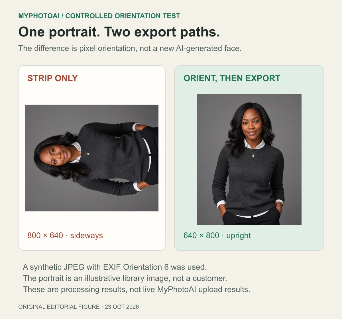 The same illustrative portrait appears sideways at 800 by 640 pixels after metadata-only stripping, and upright at 640 by 800 after auto-orientation followed by export.
