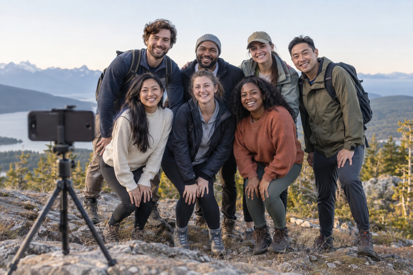 Seven friends fit into two loose rows in front of a phone on a tripod