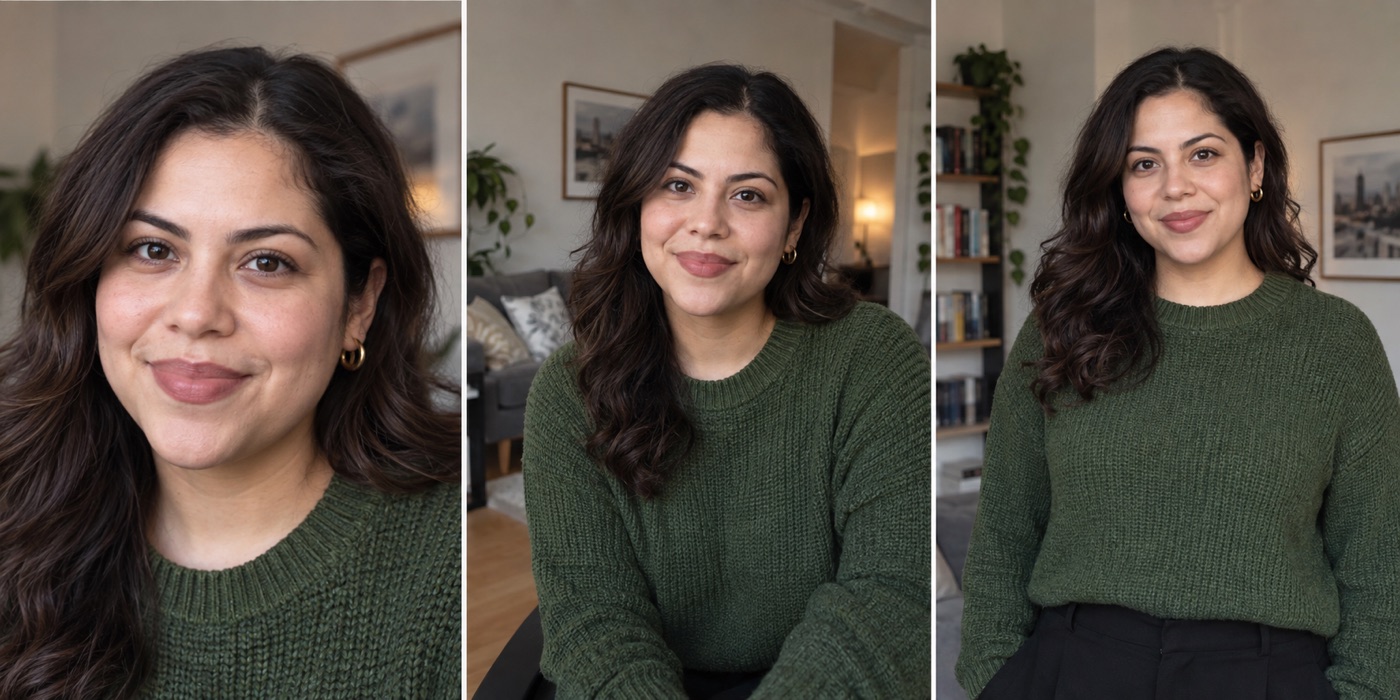 The same remote worker in three coordinated portrait crops for chat, video meetings, and a professional profile