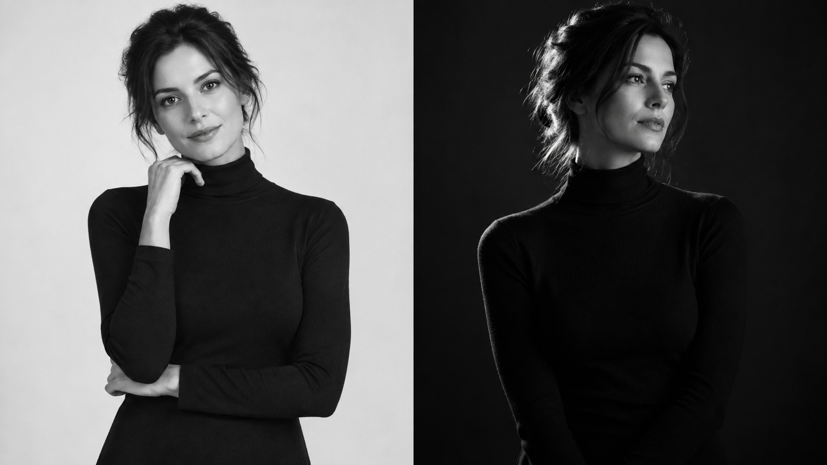 Two monochrome portraits compare an airy pale background with a dramatic dark background