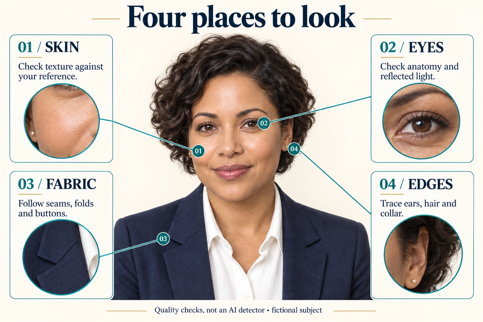 Four numbered callouts and magnified crops identify the cheek, eye, blazer lapel and ear boundary to inspect in a portrait.