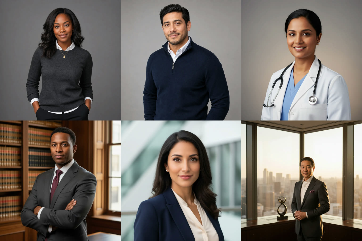 Six illustrative professional portraits arranged in two rows, from studio knit and quarter zip looks to formal and office settings.