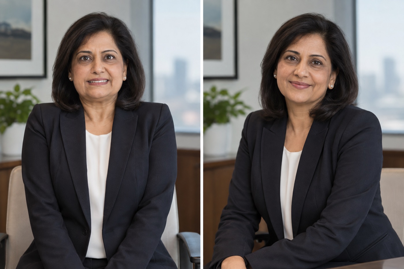 The same executive posed rigidly beside a more relaxed portrait with lowered shoulders and a natural expression