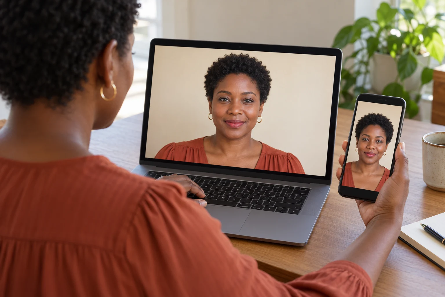 A woman checks that her portrait appears upright on both her laptop and phone.