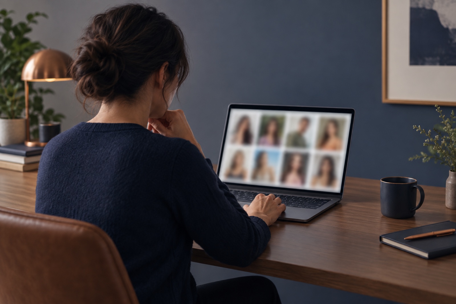 Illustration of a person reviewing portrait images privately on a laptop