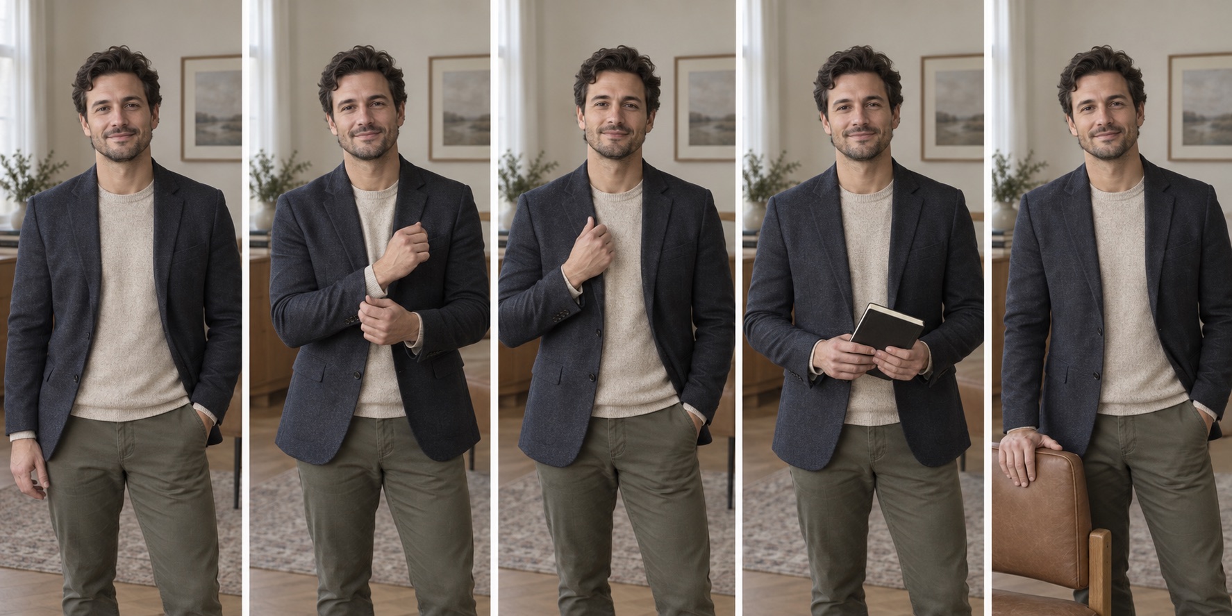 Five matched portraits demonstrate a pocket, cuff, lapel, notebook, and chair-back hand action.
