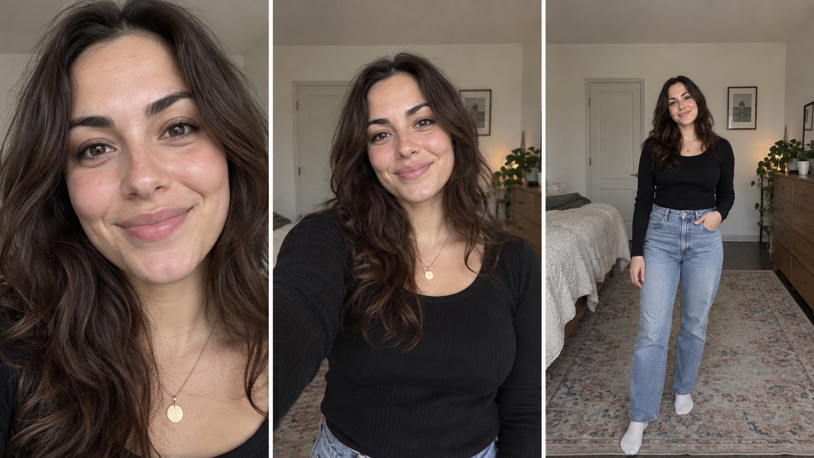 Three frames of the same person compare an extremely close selfie, arm's-length framing, and a stepped-back camera setup.